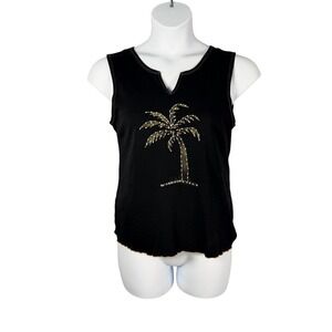 Santiki Tank Top Womens XL‎ Black Beaded Palm Tree 100% Cotton Made in Indonesia